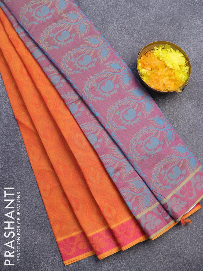 Coimbatore cotton saree sunset orange and dual shade of blue with allover self emboss and thread woven border - {{ collection.title }} by Prashanti Sarees