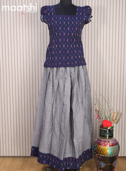 Cotton kids lehanga blue and grey with allover ikat weaves and back knot for 15 years - {{ collection.title }} by Prashanti Sarees