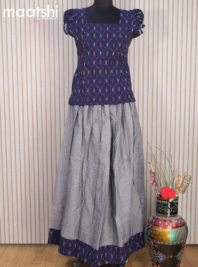 Cotton kids lehanga blue and grey with allover ikat weaves and back knot for 15 years - {{ collection.title }} by Prashanti Sarees