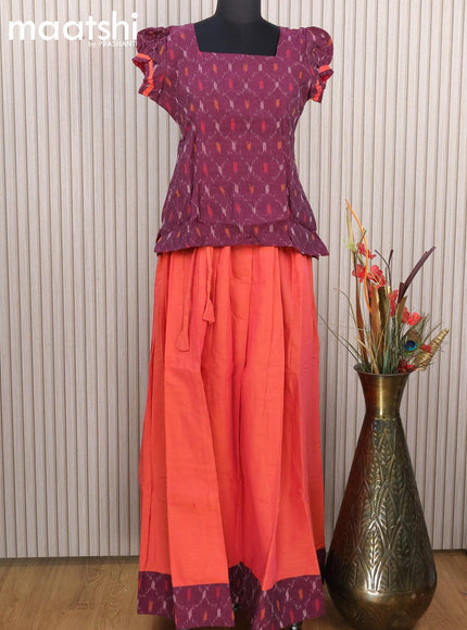Cotton kids lehanga dark magenta pink and dual shade of pinkish orange with allover ikat weaves and back knot for 16 years - {{ collection.title }} by Prashanti Sarees