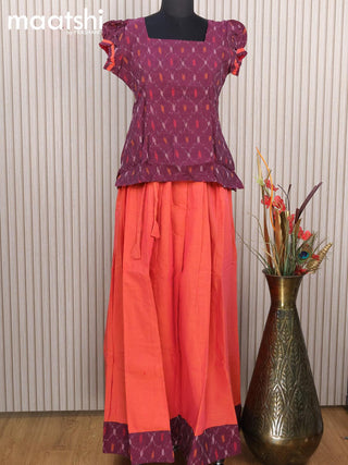 Cotton kids lehanga dark magenta pink and dual shade of pinkish orange with allover ikat weaves and back knot for 16 years