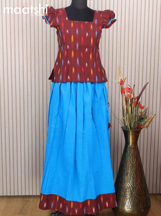 Cotton kids lehanga deep maroon and cs blue with allover ikat weaves and back knot for 13 years