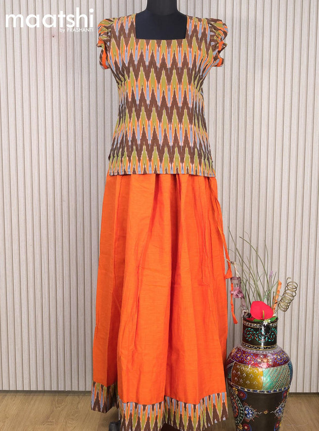 Cotton kids lehanga multi colour and sunset orange with allover ikat weaves and back knot for 16 years - {{ collection.title }} by Prashanti Sarees