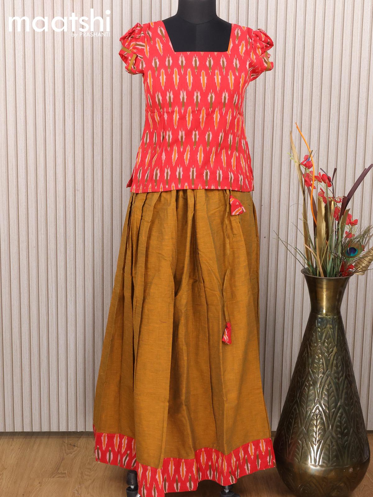 Cotton kids lehanga red and dark mustard with allover ikat weaves
