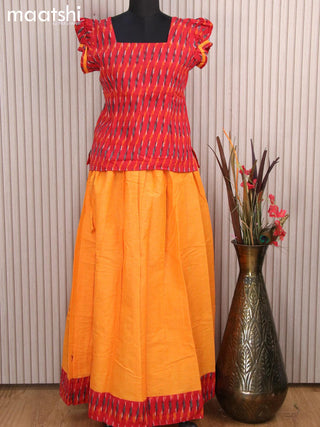 Cotton kids lehanga red and mango yellow with allover ikat weaves and back knot for 15 years
