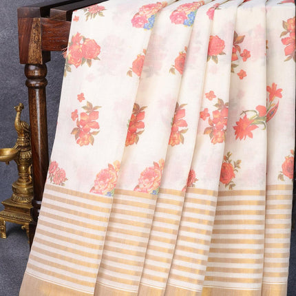 Cotton saree off white and with allover floral prints and long zari woven border - {{ collection.title }} by Prashanti Sarees