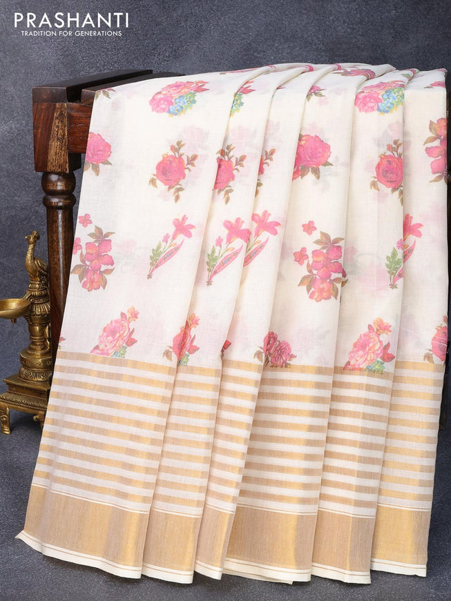 Cotton saree off white and with allover floral prints and long zari woven border - {{ collection.title }} by Prashanti Sarees