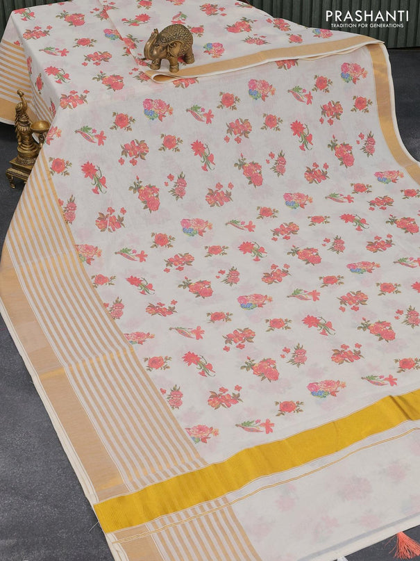 Cotton saree off white and with allover floral prints and long zari woven border - {{ collection.title }} by Prashanti Sarees