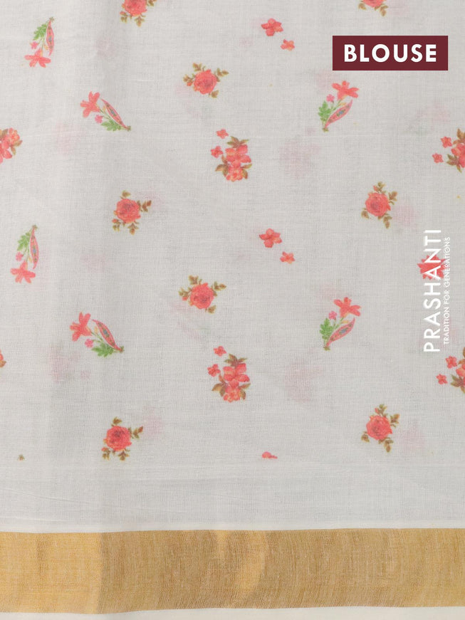 Cotton saree off white and with allover floral prints and long zari woven border - {{ collection.title }} by Prashanti Sarees