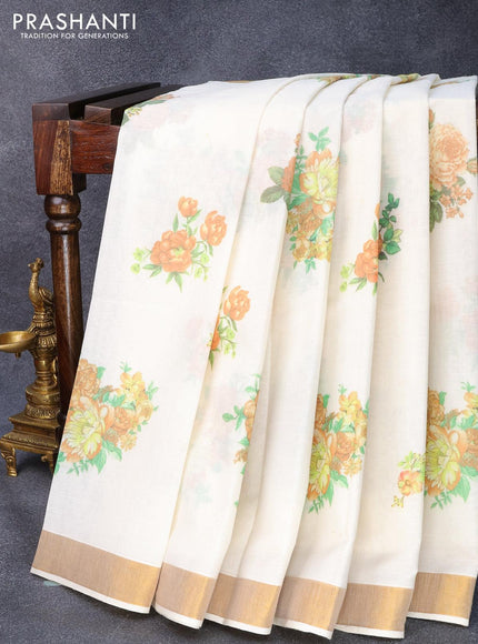Cotton saree off white and with allover floral prints and zari woven border - {{ collection.title }} by Prashanti Sarees