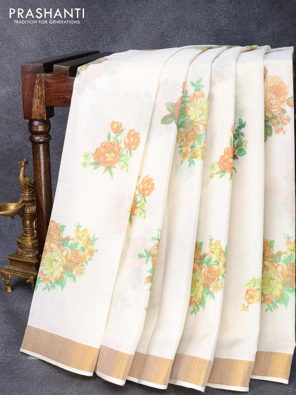 Cotton saree off white and with allover floral prints and zari woven border - {{ collection.title }} by Prashanti Sarees