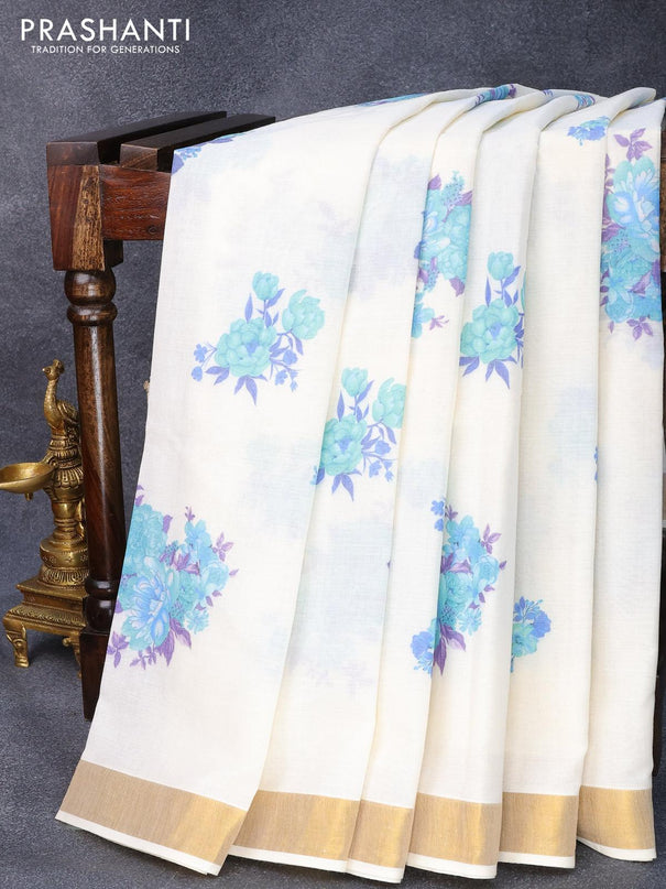 Cotton saree off white and with allover floral prints and zari woven border - {{ collection.title }} by Prashanti Sarees