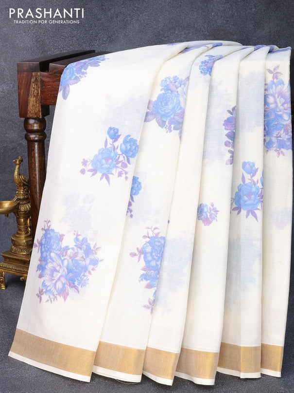 Cotton saree off white and with allover floral prints and zari woven border - {{ collection.title }} by Prashanti Sarees