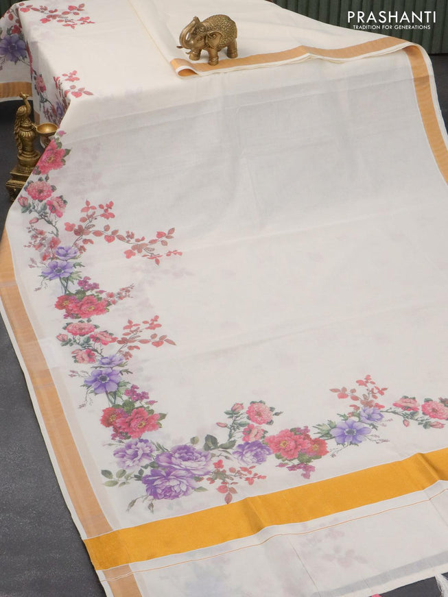 Cotton saree off white and with allover floral prints and zari woven border - {{ collection.title }} by Prashanti Sarees