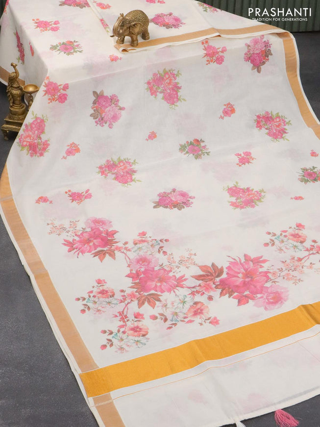 Cotton saree off white and with allover floral prints and zari woven border - {{ collection.title }} by Prashanti Sarees