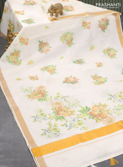 Cotton saree off white and with allover floral prints and zari woven border - {{ collection.title }} by Prashanti Sarees