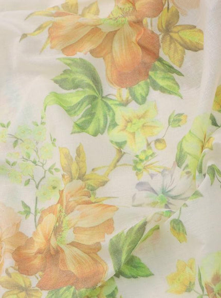 Cotton saree off white and with allover floral prints and zari woven border - {{ collection.title }} by Prashanti Sarees