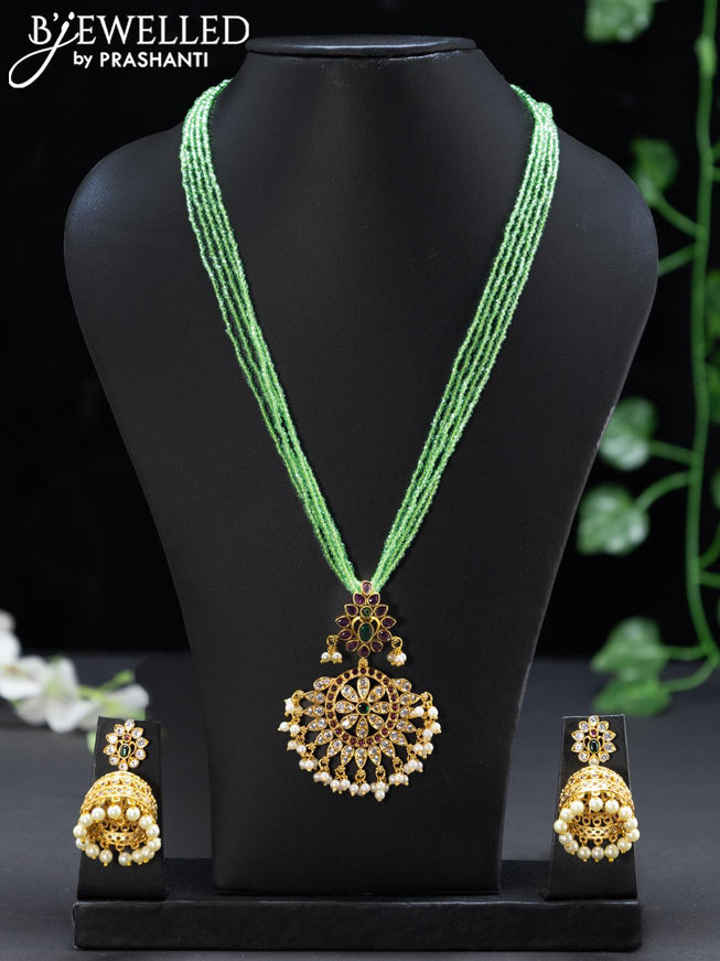 Crystal beaded light green necklace with antique kemp & cz stone pendant and pearl - {{ collection.title }} by Prashanti Sarees
