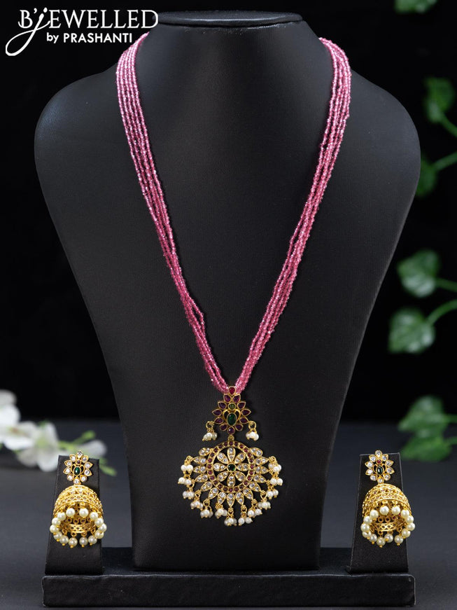 Crystal beaded pink necklace antique kemp and cz stone floral pendant with pearl hangings - {{ collection.title }} by Prashanti Sarees