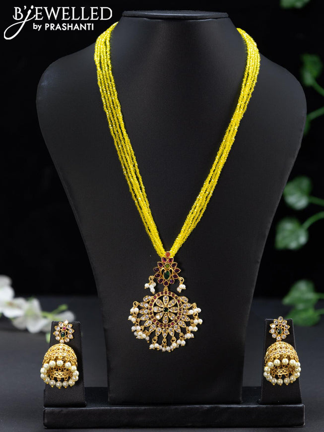 Crystal beaded yellow necklace antique kemp and cz stone pendant with pearl hangings - {{ collection.title }} by Prashanti Sarees
