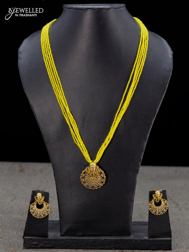 Crystal beaded yellow necklace kemp and cz stone with ganesha pendant - {{ collection.title }} by Prashanti Sarees