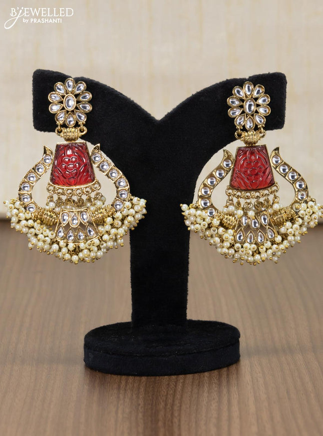 Dangler earrings maroon and cz stone with pearl hangings - {{ collection.title }} by Prashanti Sarees