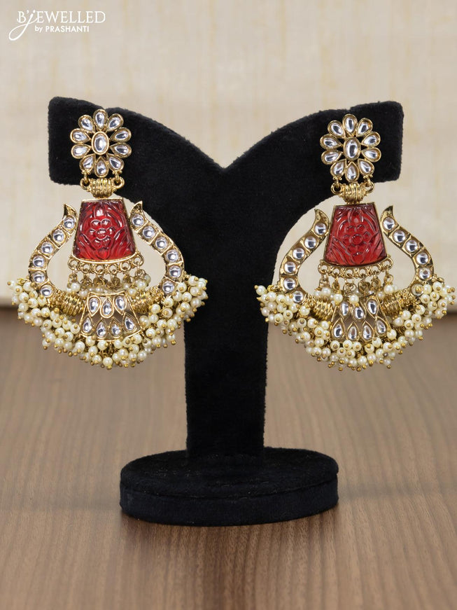 Dangler earrings maroon and cz stone with pearl hangings - {{ collection.title }} by Prashanti Sarees