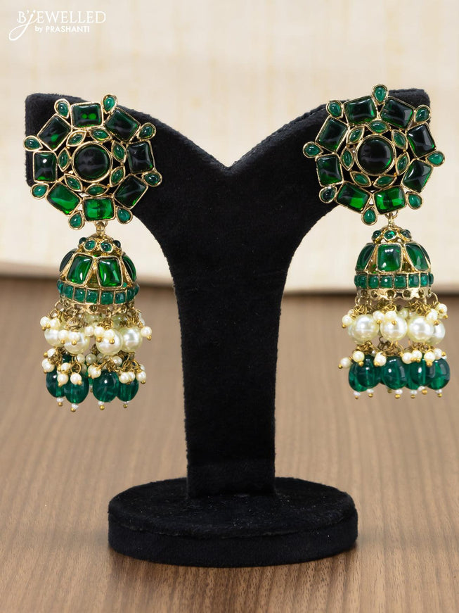 Dangler jhumkas with emerald stone and hangings - {{ collection.title }} by Prashanti Sarees