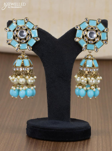 Dangler jhumkas with light blue stone and hangings - {{ collection.title }} by Prashanti Sarees