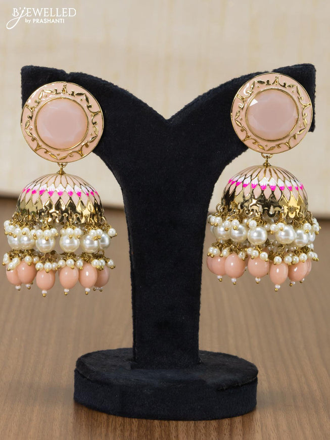 Dangler jhumkas with peach stone and hangings - {{ collection.title }} by Prashanti Sarees