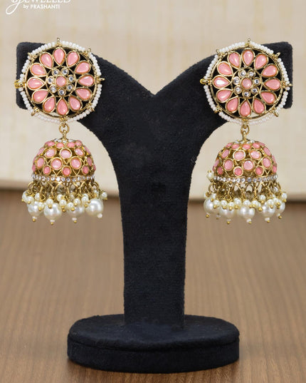 Dangler jhumkas with peach stone and pearl hangings - {{ collection.title }} by Prashanti Sarees