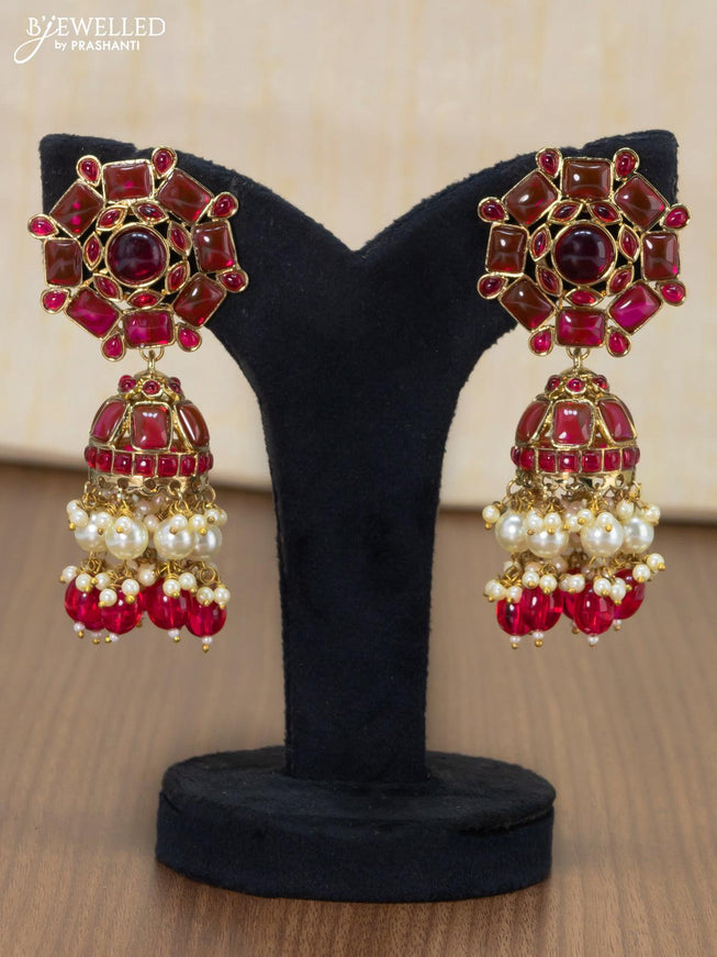 Dangler jhumkas with pink stone and hangings - {{ collection.title }} by Prashanti Sarees