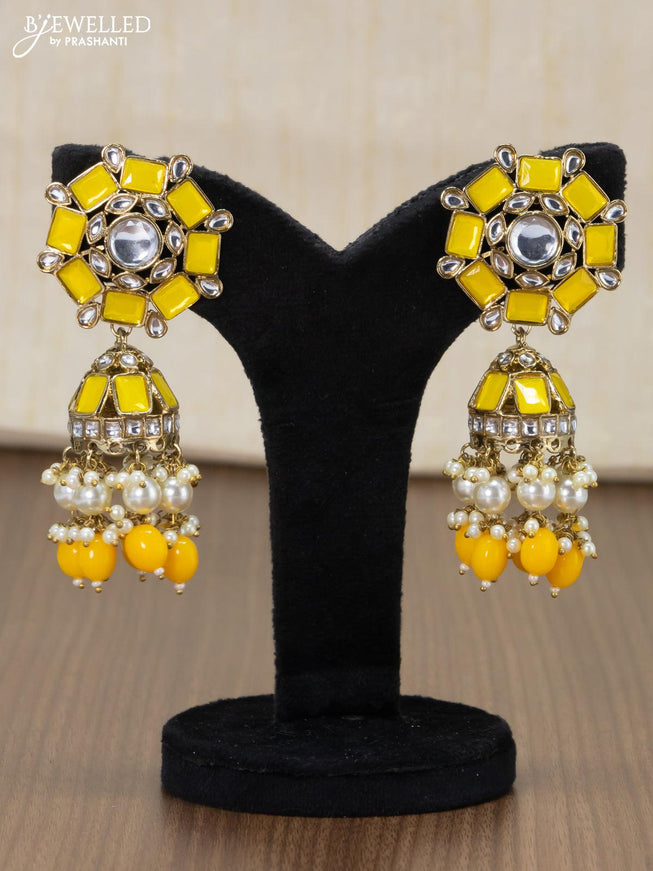 Dangler jhumkas with yellow stone and hangings - {{ collection.title }} by Prashanti Sarees