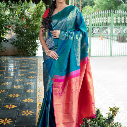 Dha - Pure kanjivaram silk saree teal torquise blue and dual shade of pink with zari woven box pattern weaves in borderless style - {{ collection.title }} by Prashanti Sarees