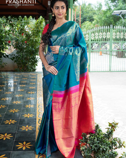 Dha - Pure kanjivaram silk saree teal torquise blue and dual shade of pink with zari woven box pattern weaves in borderless style - {{ collection.title }} by Prashanti Sarees