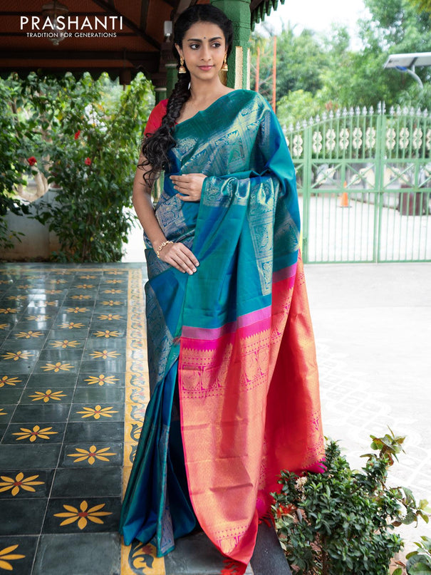 Dha - Pure kanjivaram silk saree teal torquise blue and dual shade of pink with zari woven box pattern weaves in borderless style - {{ collection.title }} by Prashanti Sarees