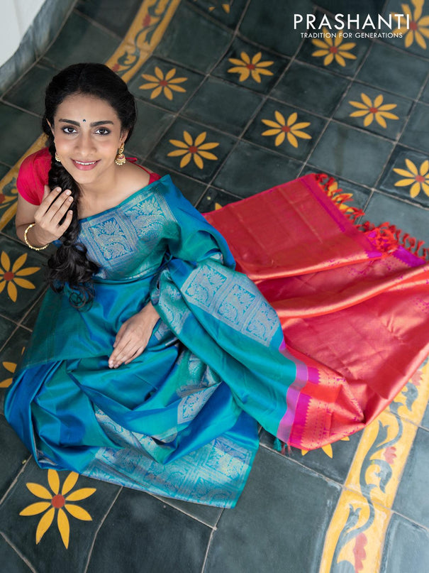 Dha - Pure kanjivaram silk saree teal torquise blue and dual shade of pink with zari woven box pattern weaves in borderless style - {{ collection.title }} by Prashanti Sarees