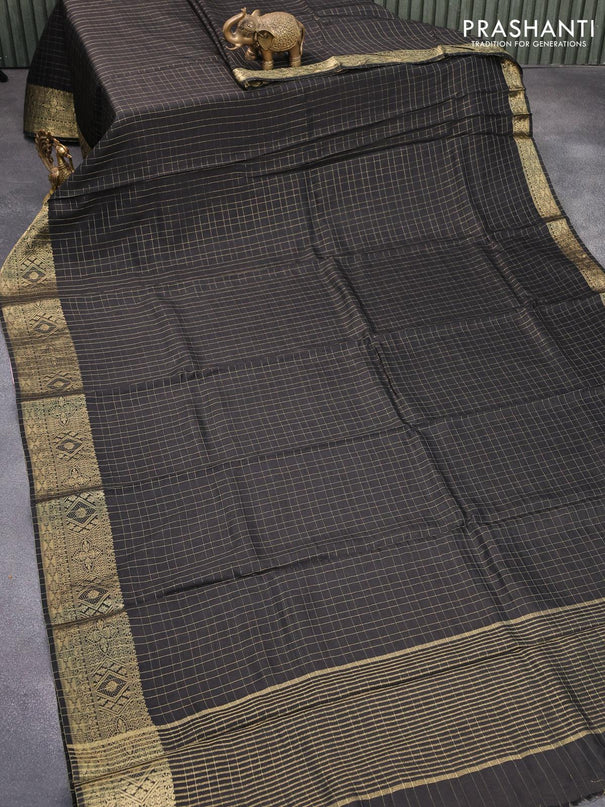Dola silk saree black and brown with zari checked pattern and zari woven border with embroidery work blouse - {{ collection.title }} by Prashanti Sarees