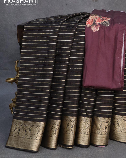 Dola silk saree black and deep wine shade with allover zari woven stripes pattern and rich zari woven border - {{ collection.title }} by Prashanti Sarees
