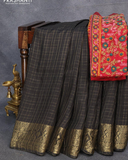Dola silk saree black and maroon with zari checked pattern and zari woven border with embroidery work blouse - {{ collection.title }} by Prashanti Sarees