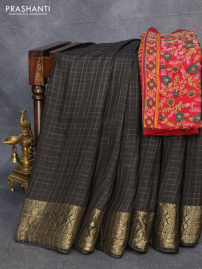 Dola silk saree black and maroon with zari checked pattern and zari woven border with embroidery work blouse - {{ collection.title }} by Prashanti Sarees
