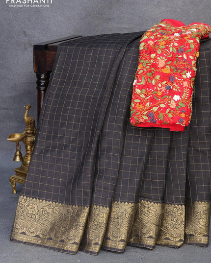 Dola silk saree black and red with zari checked pattern and zari woven border with embroidery work blouse - {{ collection.title }} by Prashanti Sarees