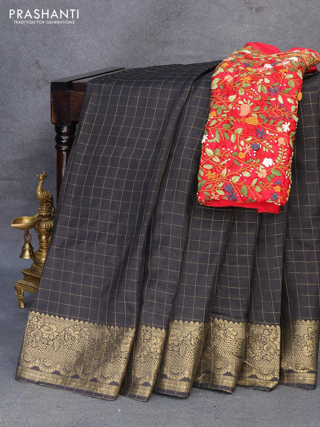 Dola silk saree black and red with zari checked pattern and zari woven border with embroidery work blouse - {{ collection.title }} by Prashanti Sarees