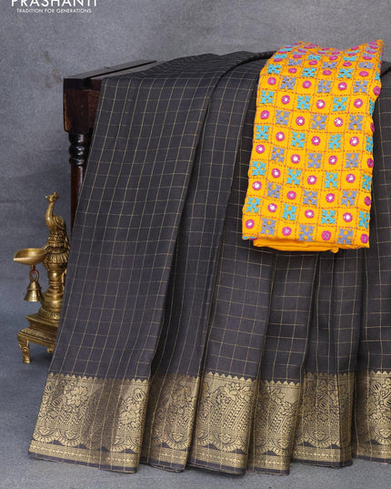 Dola silk saree black and yellow with zari checked pattern and zari woven border with embroidery work blouse - {{ collection.title }} by Prashanti Sarees