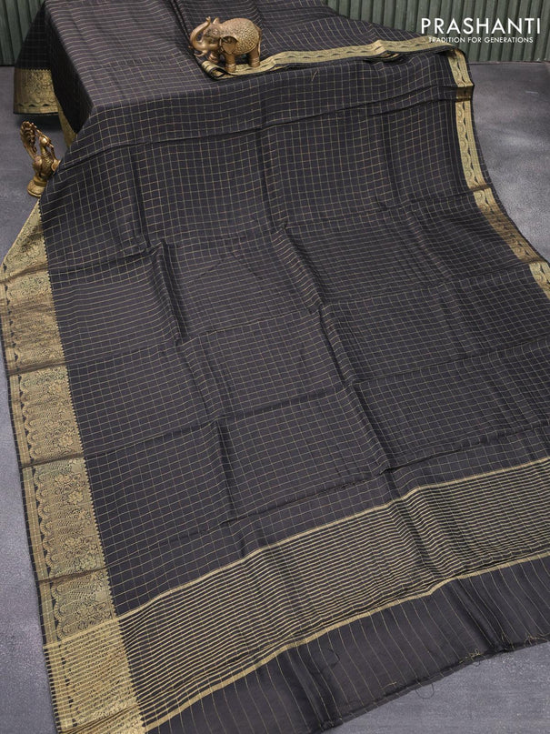 Dola silk saree black and yellow with zari checked pattern and zari woven border with embroidery work blouse - {{ collection.title }} by Prashanti Sarees