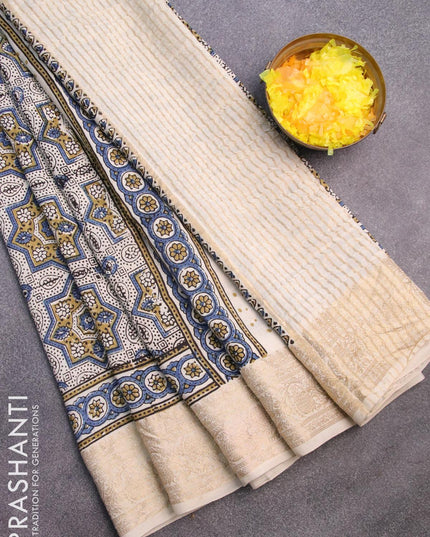 Dola silk saree blue and cream with allover ajrakh prints and zari woven floral border - {{ collection.title }} by Prashanti Sarees