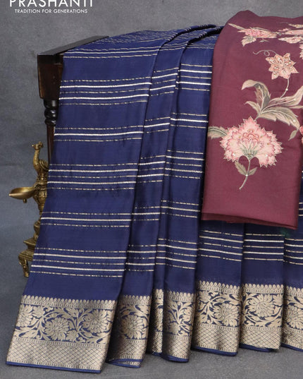 Dola silk saree blue and deep wine shade with allover zari woven stripes pattern and rich zari woven border - {{ collection.title }} by Prashanti Sarees