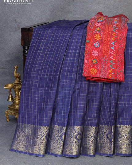 Dola silk saree blue and maroon with zari checked pattern and zari woven border with embroidery work blouse - {{ collection.title }} by Prashanti Sarees