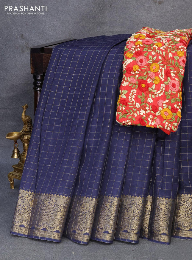 Dola silk saree blue and red with zari checked pattern and zari woven border with embroidery work blouse - {{ collection.title }} by Prashanti Sarees