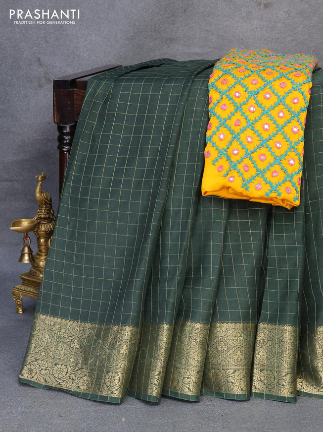 Dola silk saree bottle green and yellow with zari checked pattern and zari woven border with embroidery work blouse - {{ collection.title }} by Prashanti Sarees